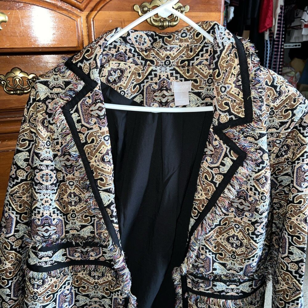 Chico's Jacquard Fringe Trim Women's Multi Color Jacket Size 2 Metallic thread